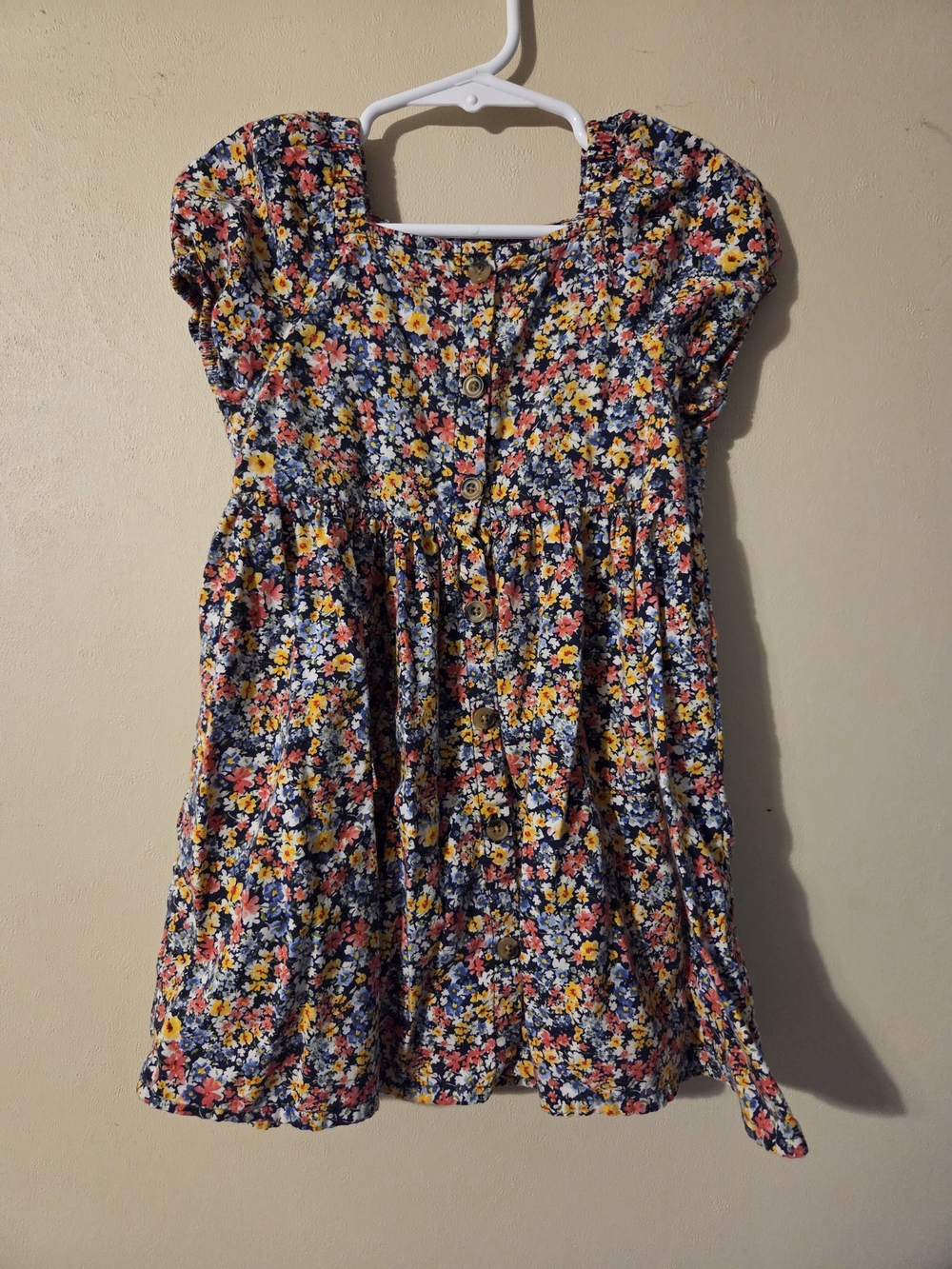 💝 Navy Floral Button-Front Dress with Pink & Yellow Flowers